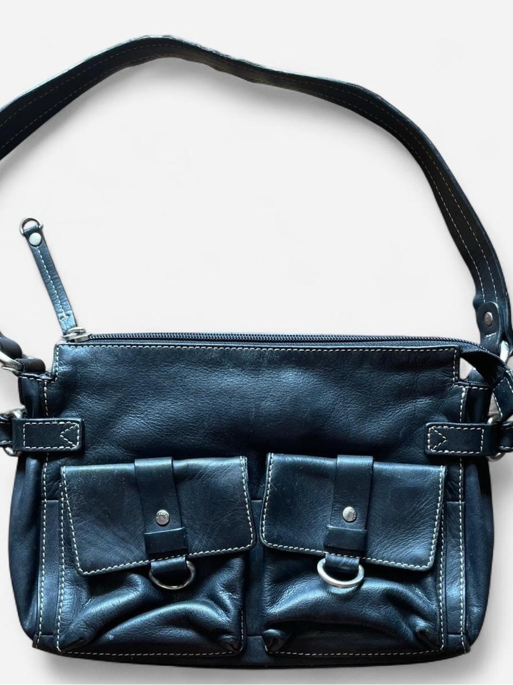Y2K Fossil Black Leather Shoulder Bag with Front Pockets and Silver Hardware